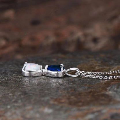 Unique Pear Cut Blue Sapphire Necklace Minimalist Teardrop Opal Necklace Art Deco Two Stone Pendant Toi et Moi Necklace