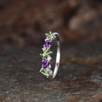 Dainty Baguette Cut Natural Peridot Wedding Band Unique Round Cut Natural Amethyst Wedding Ring Delicate Rose Gold Cluster Ring Women Gift
