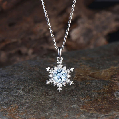 Minimalist Round Cut March Birthstone Natural Aquamarine Necklace Unique 14k White Gold Snowflake Pendant Art Deco Moissanite Halo Necklace