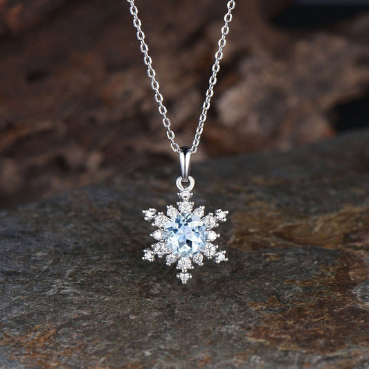 Minimalist Round Cut March Birthstone Natural Aquamarine Necklace Unique 14k White Gold Snowflake Pendant Art Deco Moissanite Halo Necklace