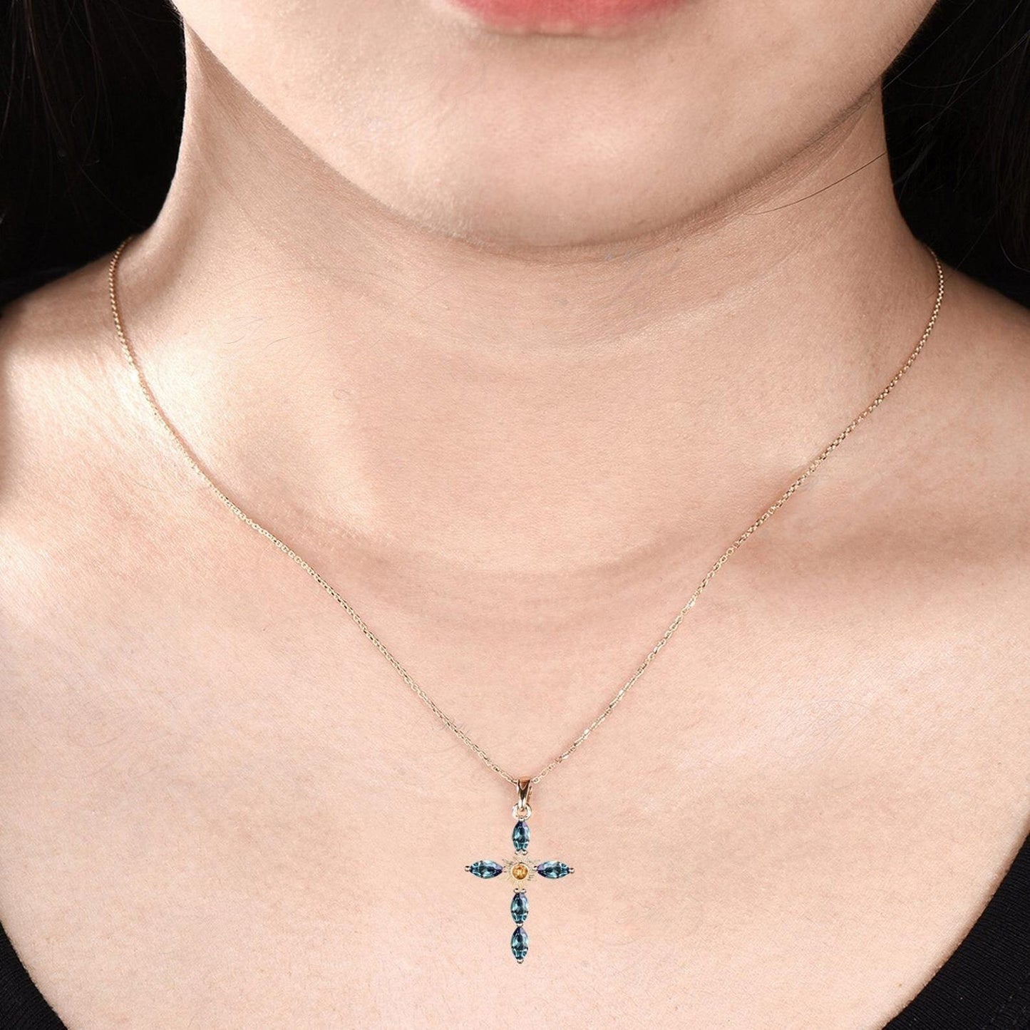 Unique Alexandrite Cross Necklace 14K Yellow Gold Citrine Sun Pendant Dainty Baptism Charm Religious Silver Jewelry Christian Cross Pendant