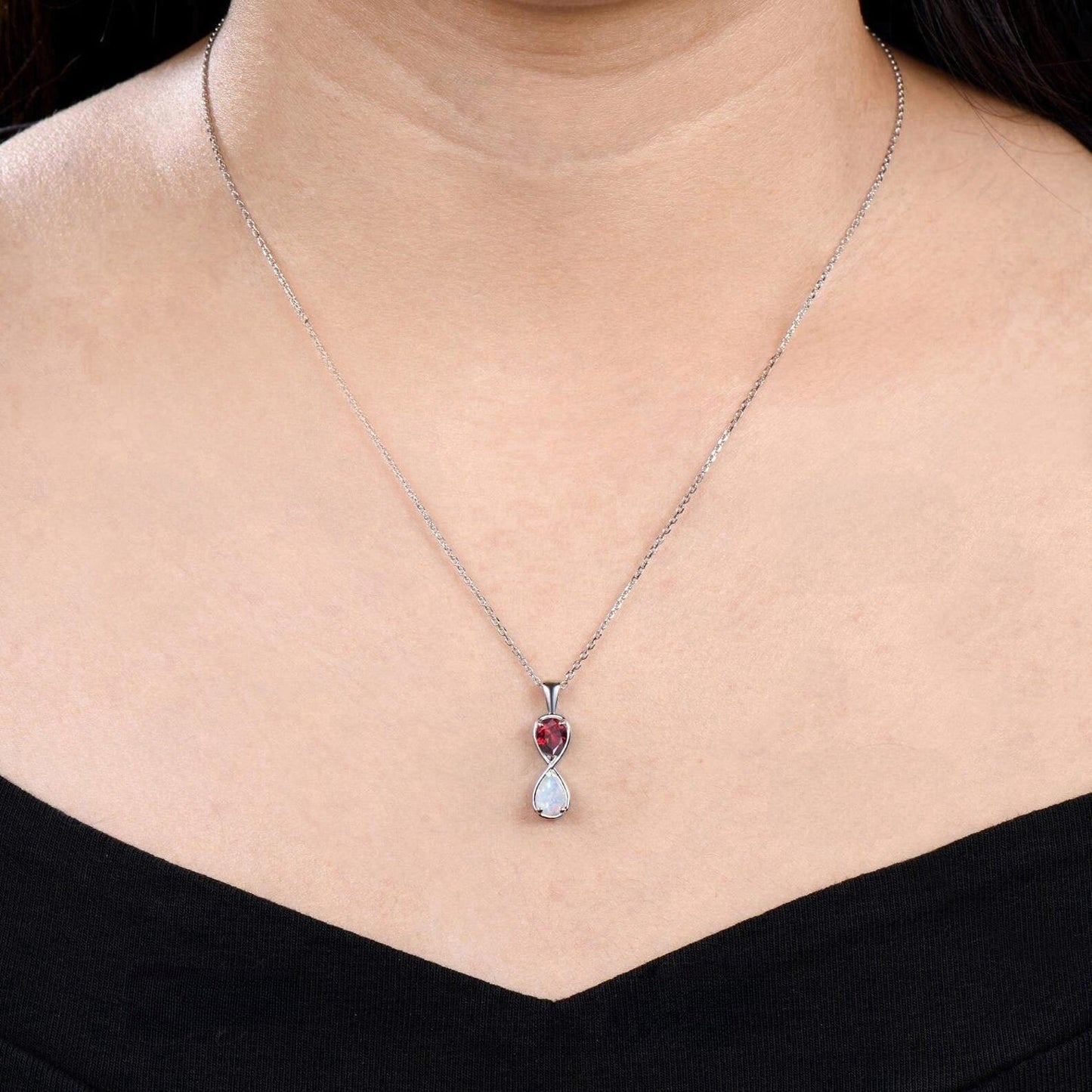 Unique Pear Cut Ruby Opal Necklace Art Deco 14k White Gold Two Stone Pendant Minimalist July Birthstone Necklace Anniversary Gift For Women