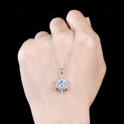 Minimalist Round Cut March Birthstone Natural Aquamarine Necklace Unique 14k White Gold Snowflake Pendant Art Deco Moissanite Halo Necklace