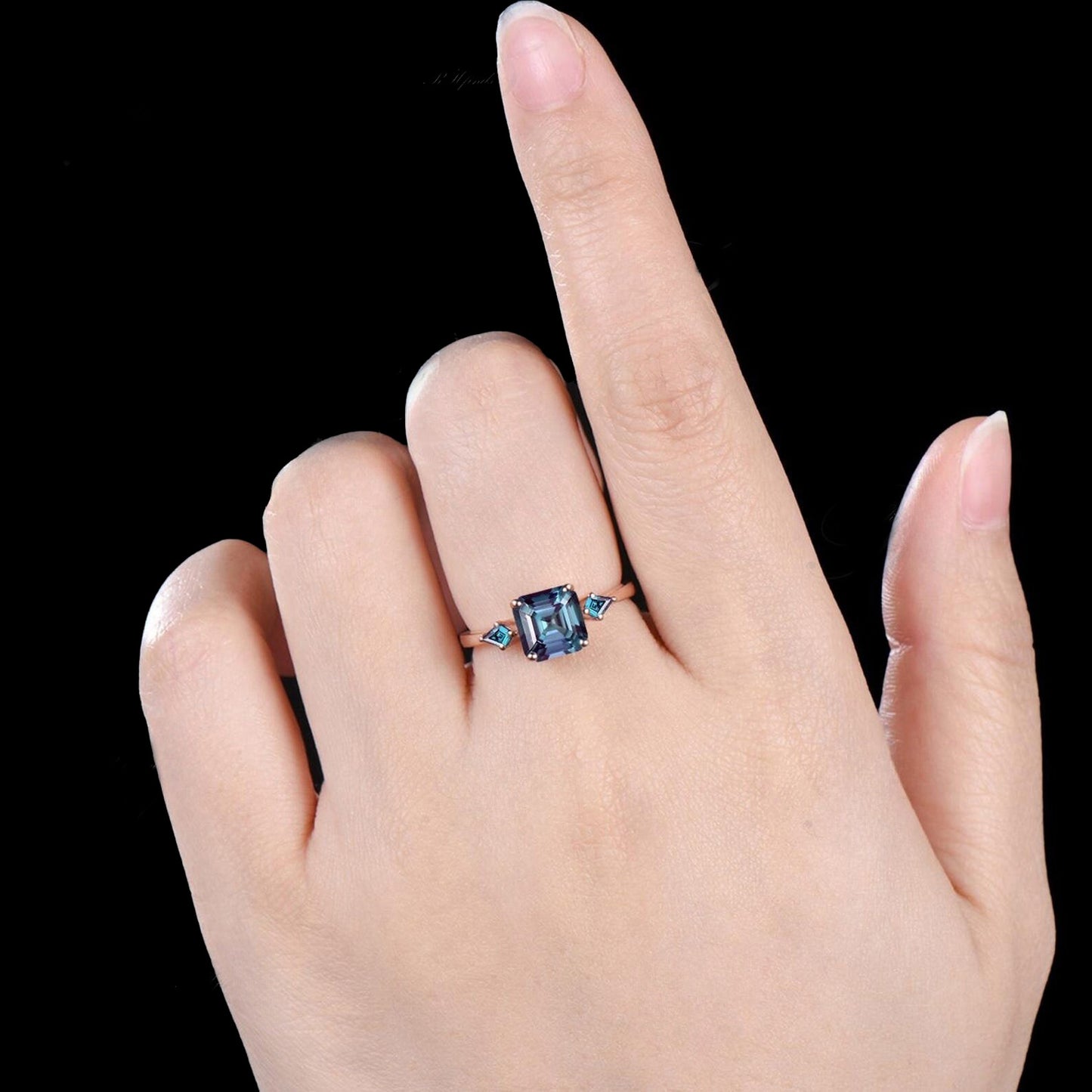 Asscher Cut Alexandrite Engagement Ring June Birthstone Color Change Alexandrite Wedding Ring Art Deco 925 Sterling Silver Three Stone Ring