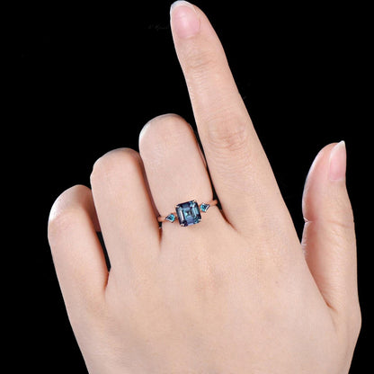 Asscher Cut Alexandrite Engagement Ring June Birthstone Color Change Alexandrite Wedding Ring Art Deco 925 Sterling Silver Three Stone Ring