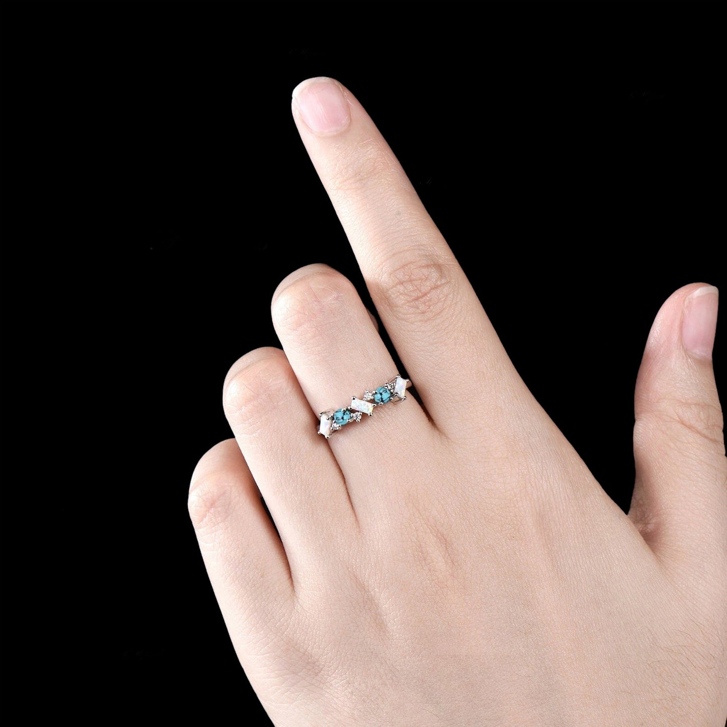 Vintage Opal Turquoise Wedding Band Unique Cluster Wedding Ring Antique October Birthstone December Birthstone Promise Birthday Jewelry Gift