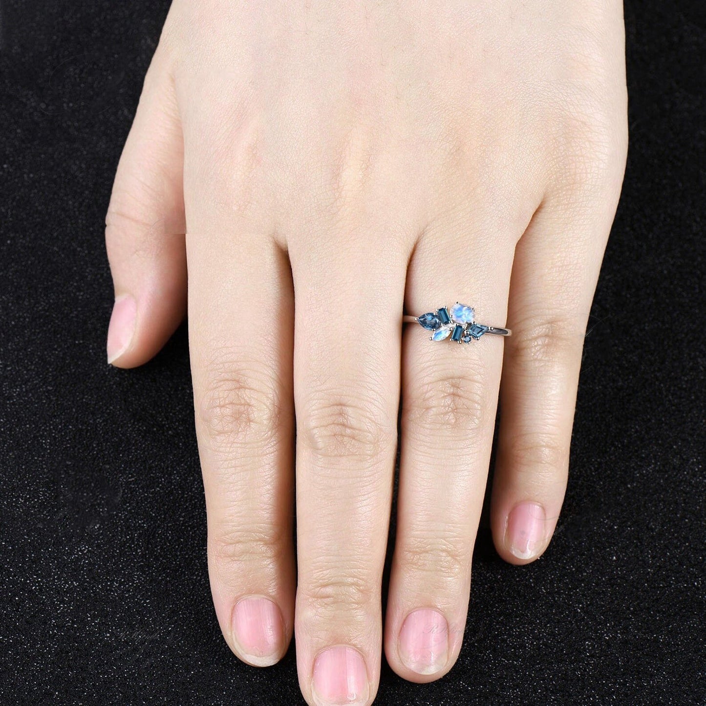 Delicate Natural London Blue Topaz Wedding Band Dainty Natural Moonstone Cluster Ring Minimalist 14k Rose Gold Engagement Gift For Women