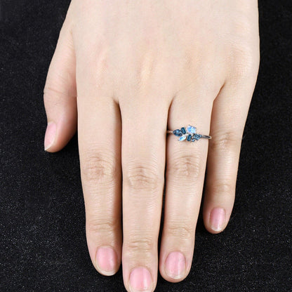 Delicate Natural London Blue Topaz Wedding Band Dainty Natural Moonstone Cluster Ring Minimalist 14k Rose Gold Engagement Gift For Women