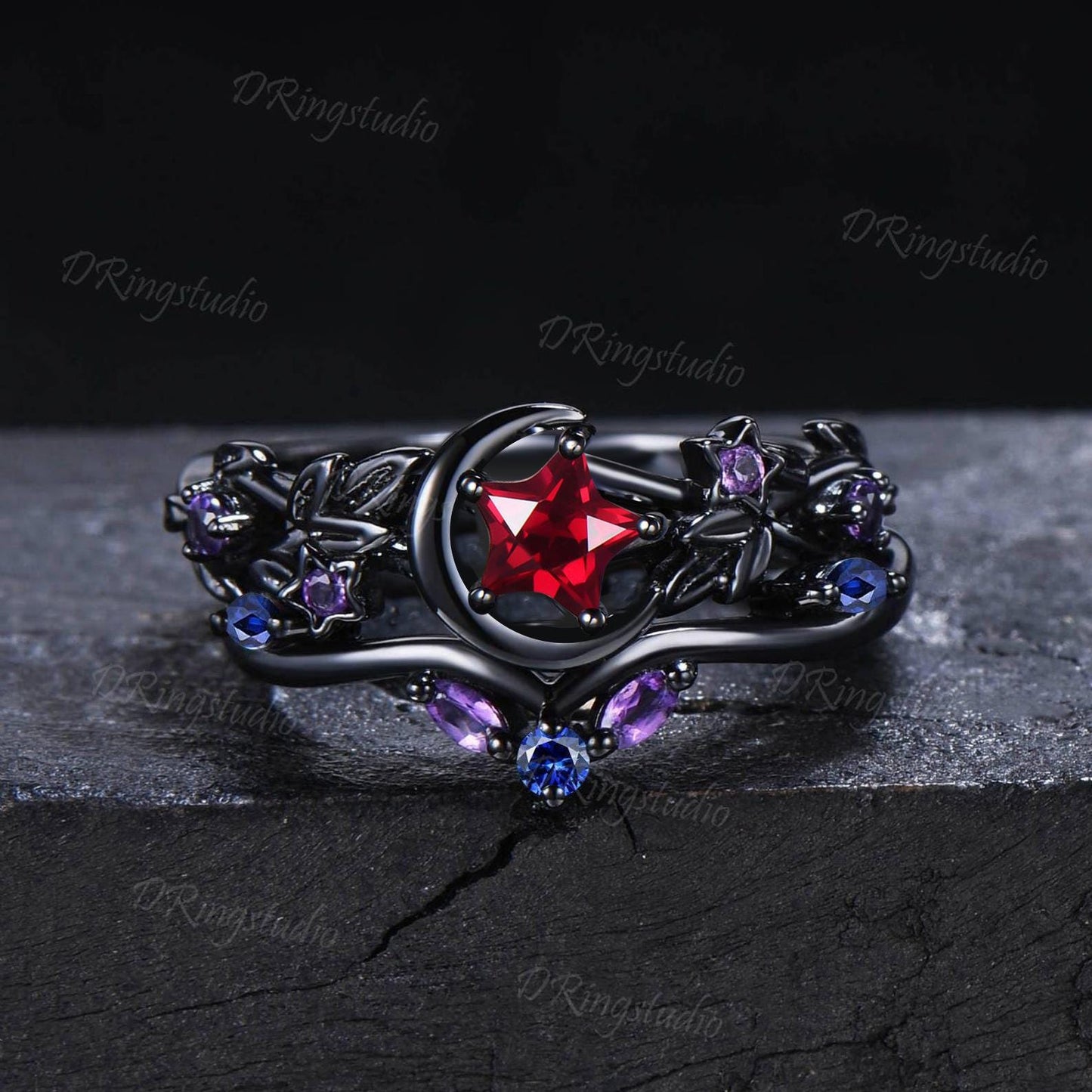 Crescent Moon Star Shape Ruby Engagement Ring Moon Leaf Amethyst Black Gold Star Ruby Promise Ring July Birthstone Bridal Set Proposal Gift