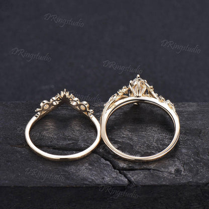 Kite Cut Lab Grown Diamond Engagement Ring 14k Yellow Gold Leaf Moon Wedding Ring Set Floral Diamond Ring IGI Certified Diamond Promise Ring
