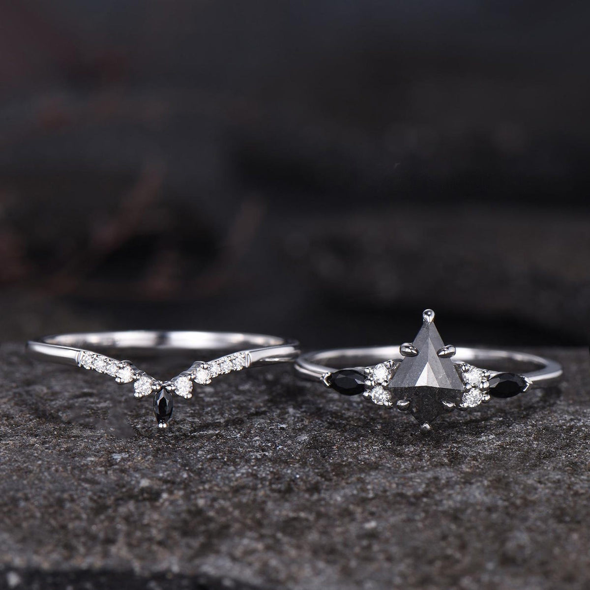 Natural Salt And Pepper Diamond Kite Cut Engagement Ring Set, Black Spinel Wedding Set, 14k White Gold Bridal Set, Gothic Ring For Women