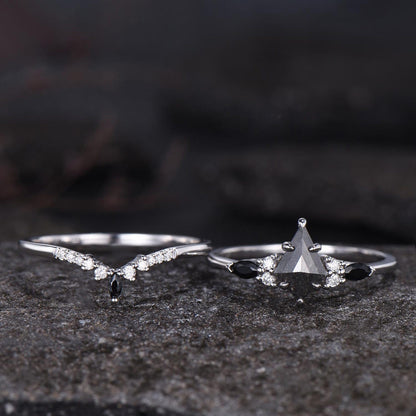 Natural Salt And Pepper Diamond Kite Cut Engagement Ring Set, Black Spinel Wedding Set, 14k White Gold Bridal Set, Gothic Ring For Women