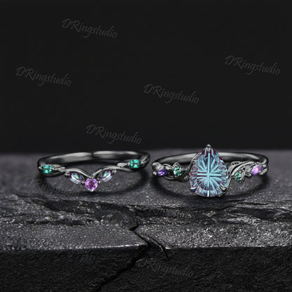1.25CT Fantasy Cut Color-Change Alexandrite Black Gold Wedding Ring Set Teardrop Engagement Rings Twig Vine Emerald Amethyst Bridal Set