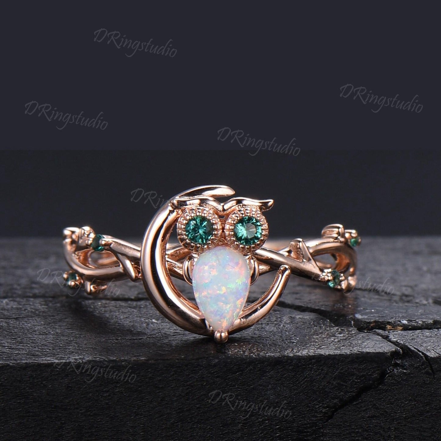 Nature Inspired Pear Cut White Opal Ring Cute Owl Engagement Ring Set Vintage Unique Crescent Moon Wedding Ring Green Emerald Wedding Ring