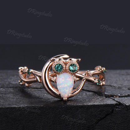 Nature Inspired Pear Cut White Opal Ring Cute Owl Engagement Ring Set Vintage Unique Crescent Moon Wedding Ring Green Emerald Wedding Ring