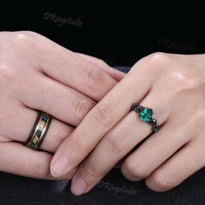 2pcs Pear Green Emerald Couple Set Gothic Black Gold Leaf Vine His and Hers Wedding Ring Nature Inspired Promise Ring Tungsten Matching Band