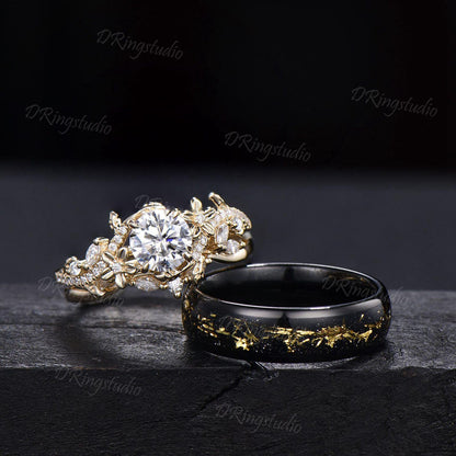 Nature Inspired Floral Round Moissanite Couple Ring Set Black Gold Leaf Tungsten Mens Wedding Ring Yellow Gold Flower Leaf Engagement Ring