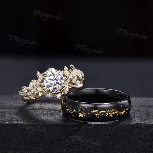 Nature Inspired Floral Round Moissanite Couple Ring Set Black Gold Leaf Tungsten Mens Wedding Ring Yellow Gold Flower Leaf Engagement Ring