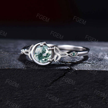 Celestial Moon Moss Agate Wedding Ring Unique White Gold Celtic Knot Ring 5mm Round Natural Green Moss Ring Aquatic Agate Bridal Women Ring