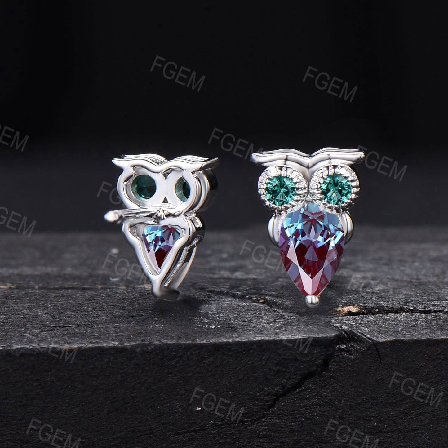 Pear Shaped Alexandrite Owl Earrings 14k White Gold Animal Stud Earrings Emerald Owl Wedding Earrings June Birthstone Jewelry for Owl Lover