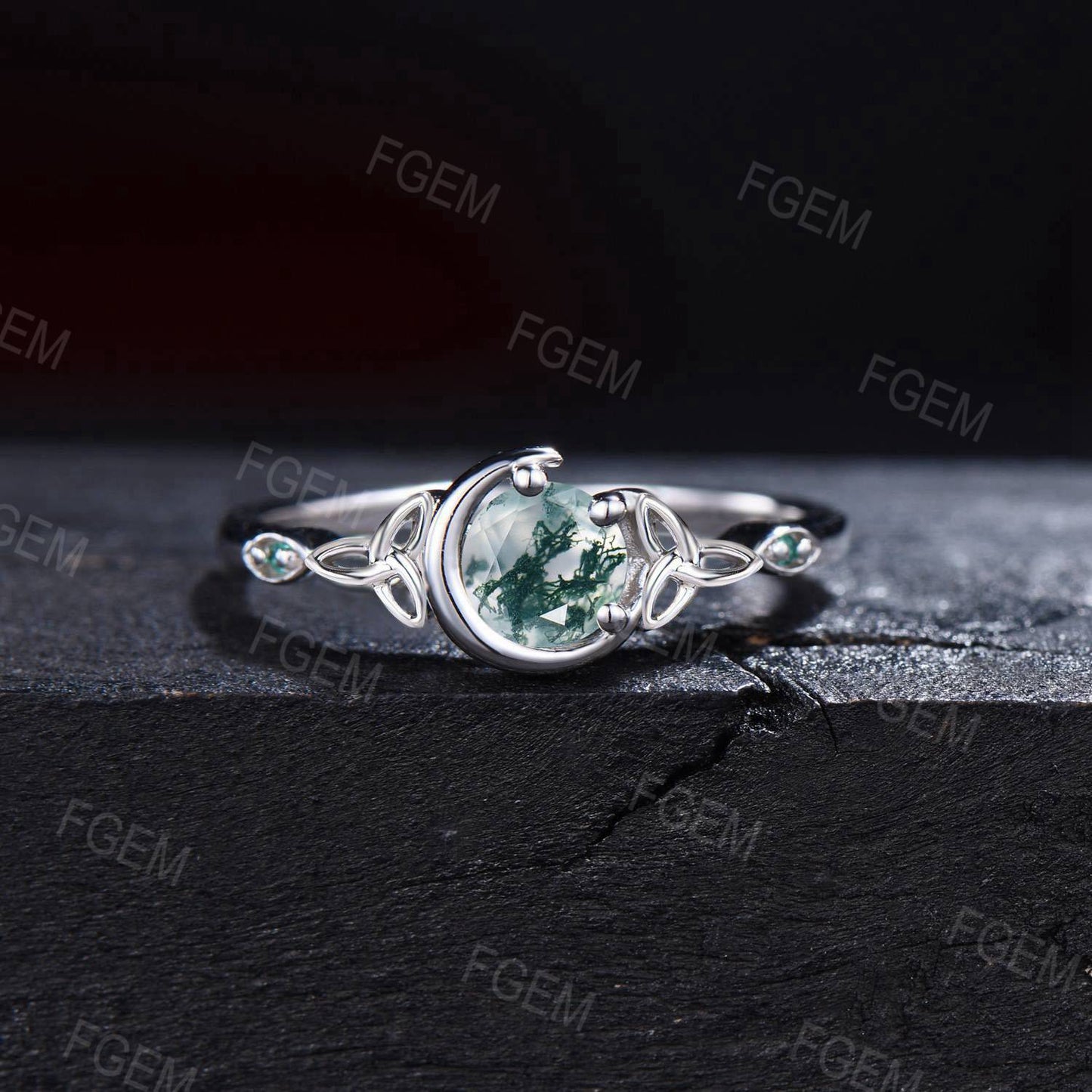 Celestial Moon Moss Agate Wedding Ring Unique White Gold Celtic Knot Ring 5mm Round Natural Green Moss Ring Aquatic Agate Bridal Women Ring