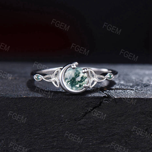Celestial Moon Moss Agate Wedding Ring Unique White Gold Celtic Knot Ring 5mm Round Natural Green Moss Ring Aquatic Agate Bridal Women Ring