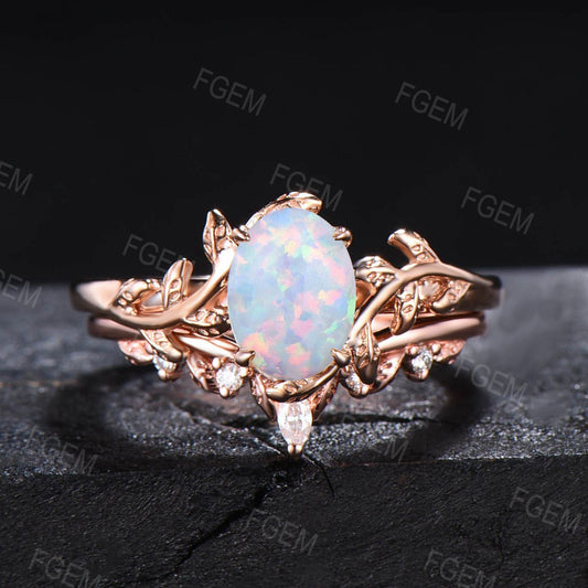 1.5ct Oval Cut Fire Opal Engagement Ring Set Vintage 10K Rose Gold Nature Inspired Opal Diamond Wedding Ring October Birthstone Birthday Gifts