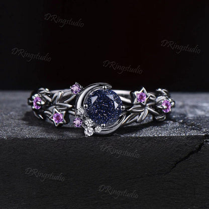 Moon Star Design Galaxy Blue Goldstone Amethyst Engagement Ring Round Blue Sandstone Ring Branch Black Wedding Rings