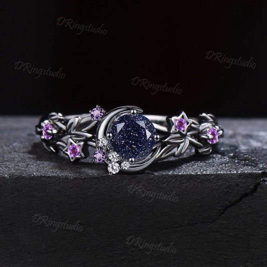 Moon Star Design Galaxy Blue Goldstone Amethyst Engagement Ring Round Blue Sandstone Ring Branch Black Wedding Rings