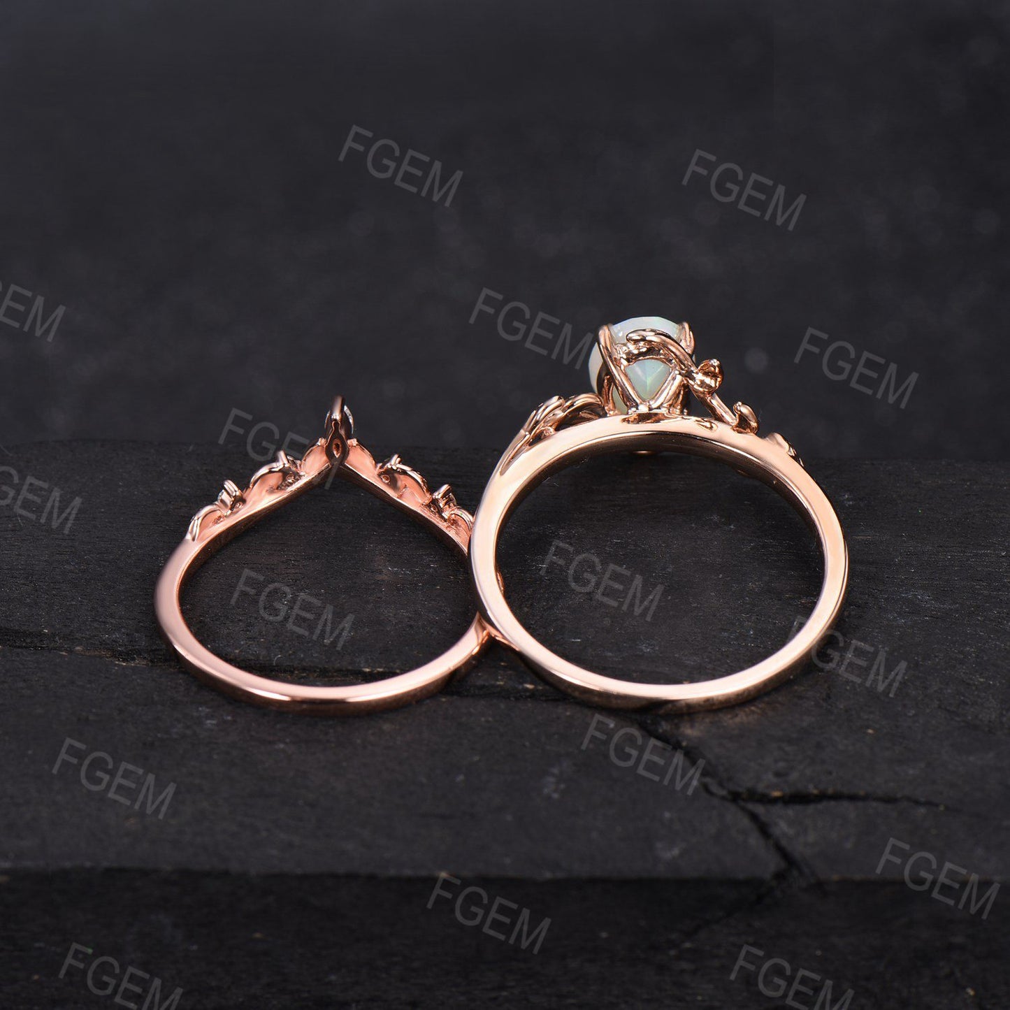 1.5ct Oval Cut Fire Opal Engagement Ring Set Vintage 10K Rose Gold Nature Inspired Opal Diamond Wedding Ring October Birthstone Birthday Gifts