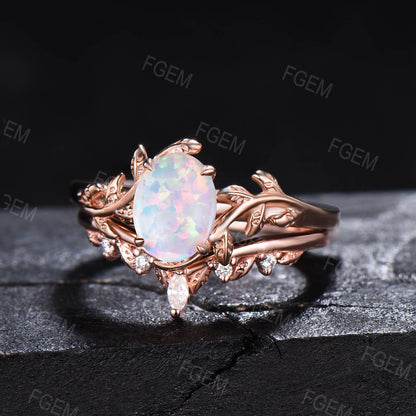 1.5ct Oval Cut Fire Opal Engagement Ring Set Vintage 10K Rose Gold Nature Inspired Opal Diamond Wedding Ring October Birthstone Birthday Gifts