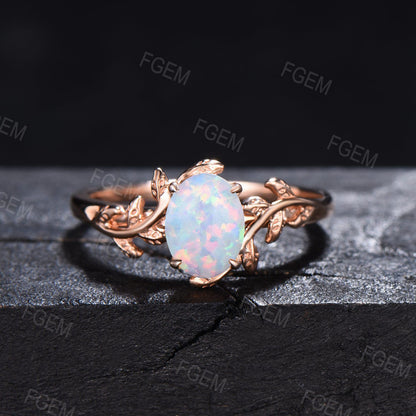 1.5ct Oval Cut Fire Opal Engagement Ring Set Vintage 10K Rose Gold Nature Inspired Opal Diamond Wedding Ring October Birthstone Birthday Gifts