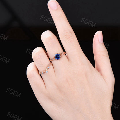 Branch Sapphire Engagement Ring Set Vintage 6.5mm Round Blue Sapphire Bridal Set Leaf Moonstone Wedding Ring September Birthstone Jewelry