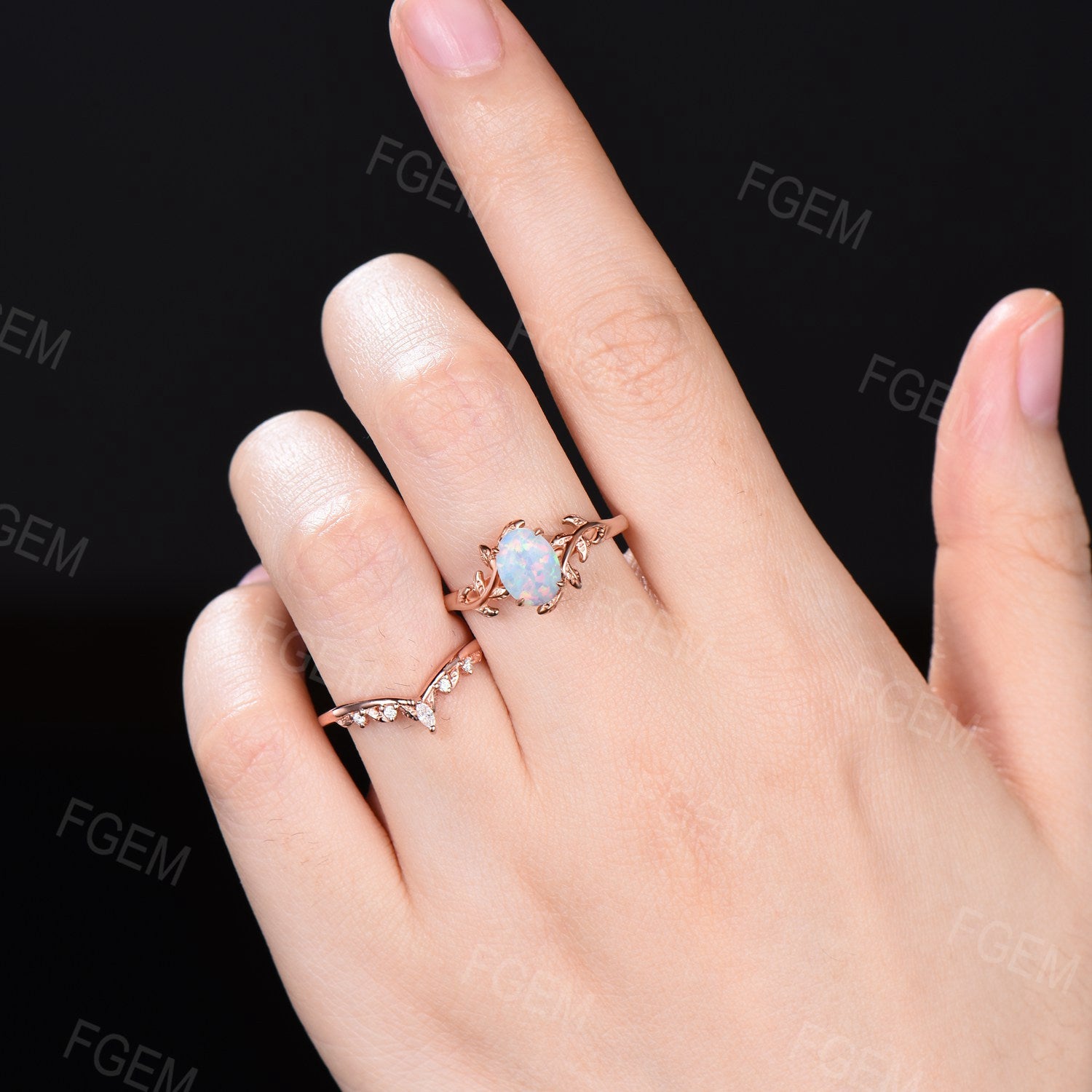 Oval Shaped Fire Opal Engagement Ring selling Set/Rose Gold Cluster Ring/Natural Inspired Engraved Anniversary Stack Ring/June Birthstone Ring Gift