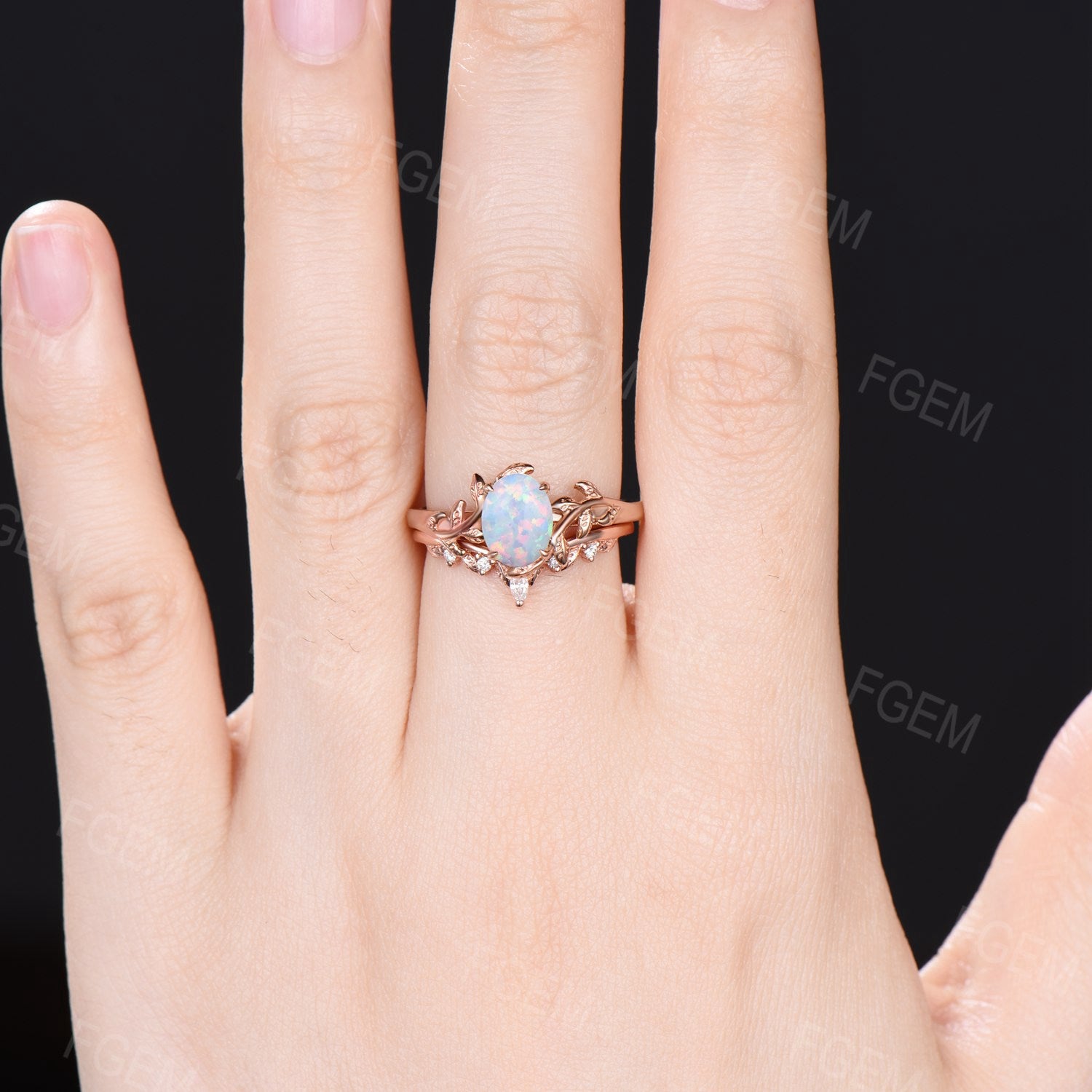 Oval Shaped Fire Opal Engagement Ring selling Set/Rose Gold Cluster Ring/Natural Inspired Engraved Anniversary Stack Ring/June Birthstone Ring Gift