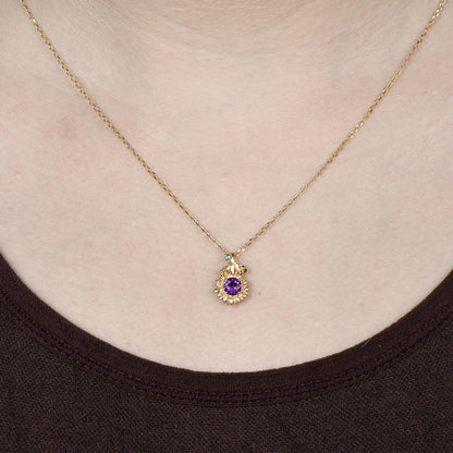 Vintage Sunflower Necklace Round Amethyst With Emerald Peridot Leaf 14k Gold Nature Inspired Floral Pendant Dainty Purple Crystal Jewelry