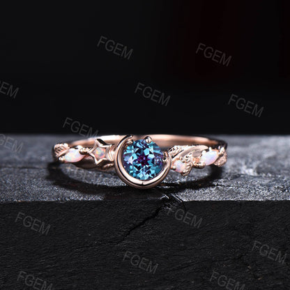 5mm Nature Inspired Color-Change Alexandrite Opal Ring Unique Moon Star Design Celestial Wedding Ring Twist Leaf Vine Round Alexandrite Ring