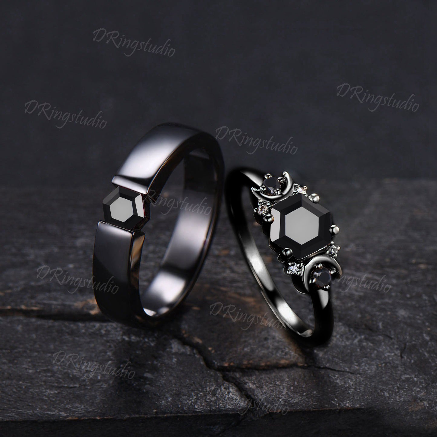 Natural Black Onyx Couple Rings Set Matching His And Her Ring Black Gemstone Ring Set