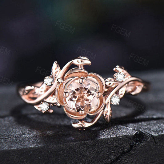Rose Flower Morganite Engagement Ring 5mm Round Natural Morganite Wedding Ring 10K Rose Gold Floral Ring Nature Inspired Leaf Diamond Ring