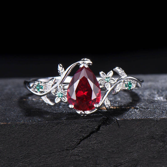 1.25ct Nature Inspired Teardrop Cut Red Ruby Flower Engagement Ring Branch Leaf Cluster Emerald Ring Vintage 14K Solid Gold Floral Wedding Ring