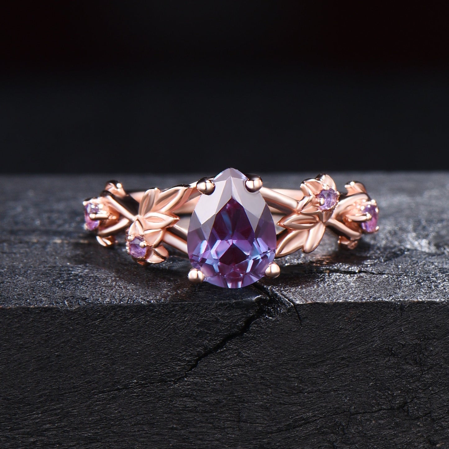 1.25ct Twig Vine Branch Nature Inspired Pear Alexandrite Engagement Ring Set Rose Flower Floral Amethyst Rings Unique June Birthstone Gifts