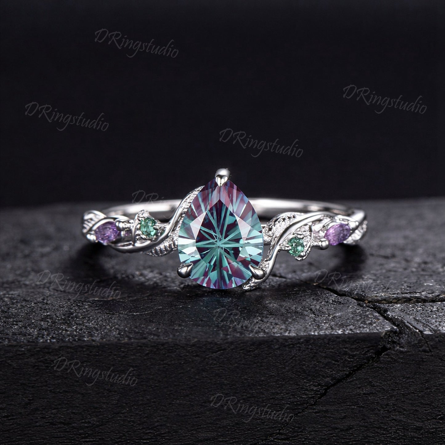 1.25CT Fireworks Cut Color-Change Alexandrite Black Gold Wedding Ring Set Pear Cut Engagement Rings Twig Vine Emerald Amethyst Bridal Set