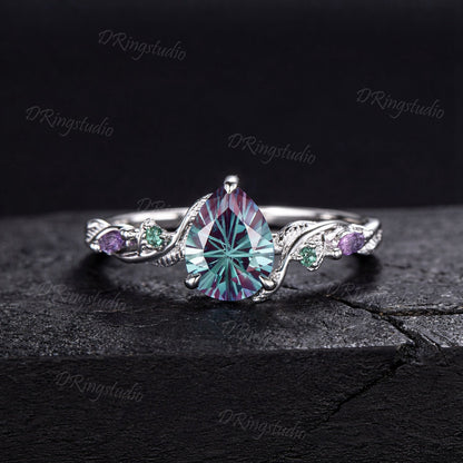 1.25CT Fireworks Cut Color-Change Alexandrite Black Gold Wedding Ring Set Pear Cut Engagement Rings Twig Vine Emerald Amethyst Bridal Set
