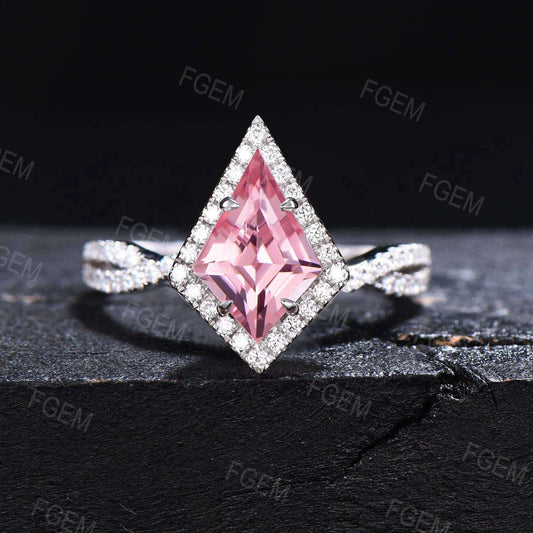 14k Gold Padparadscha Sapphire Engagement Ring Halo Moissanite Wedding Ring 7x10mm Kite Cut Peach Sapphire Bridal Ring Infinity Twisted Ring