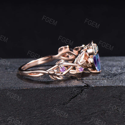 Rose Gold Owl Design Alexandrite Engagement Ring Nature Inspired Pear Cut Alexandrite Ring Leaf Branch Amethyst Wedding Ring Proposal Gift