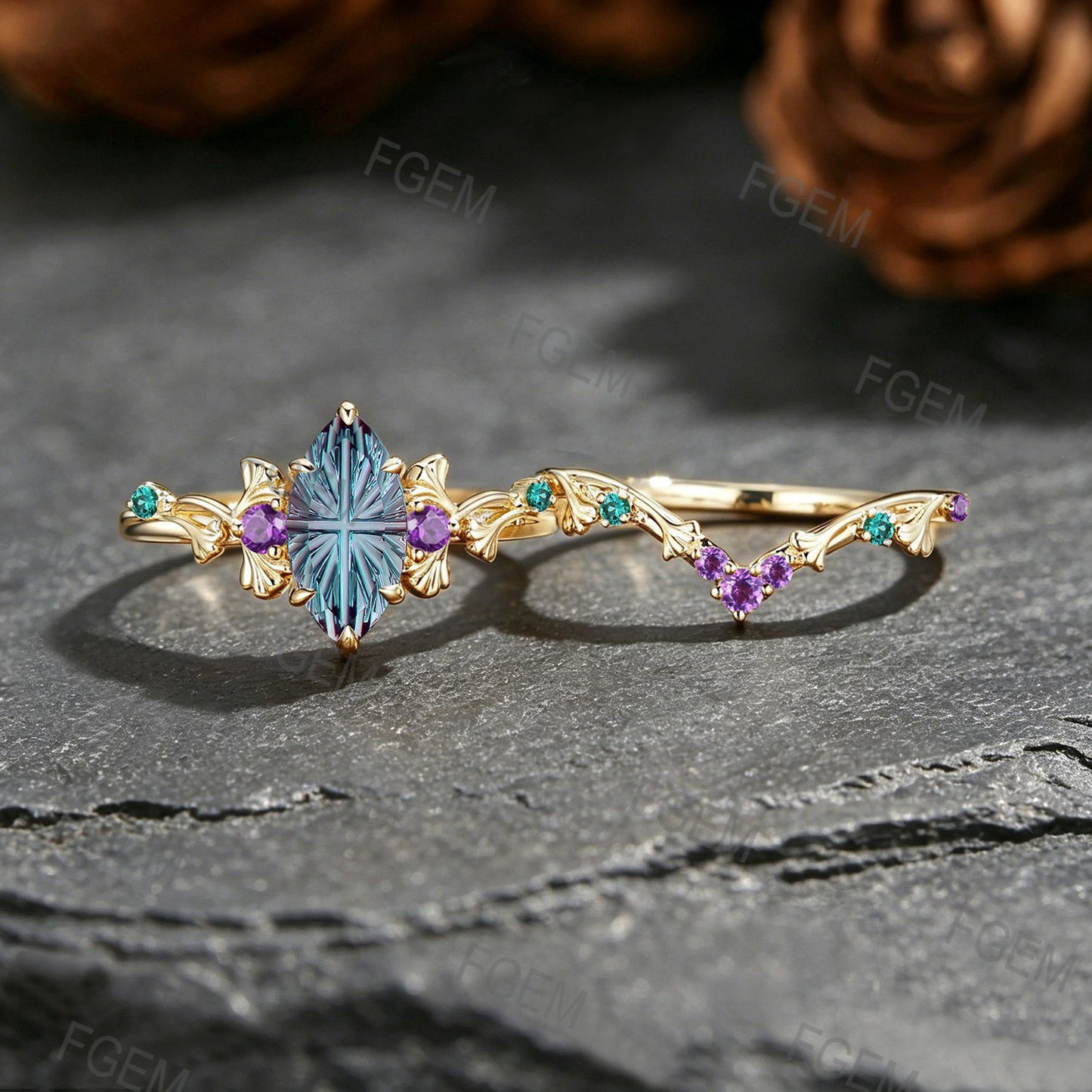 1CT Fantasy Cut Color-Change Alexandrite Engagement Ring 18K Yellow Gold Marquise Cut Alexandrite Ginkgo Leaf Wedding Ring Set