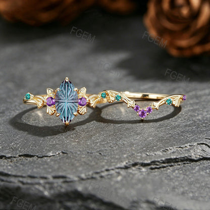 1CT Fantasy Cut Color-Change Alexandrite Engagement Ring 18K Yellow Gold Marquise Cut Alexandrite Ginkgo Leaf Wedding Ring Set