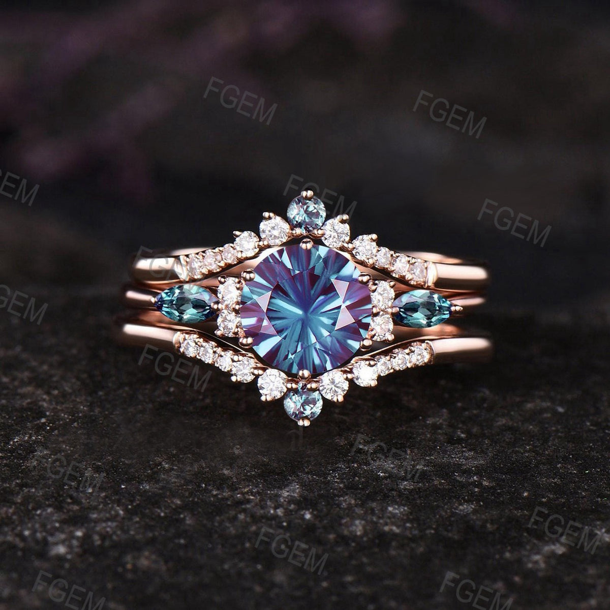 Round Fireworks Cut Color Change Alexandrite Wedding Ring Set Dainty 14k White Gold Engagement Ring Moissanite Cluster Halo 3pcs Bridal Set