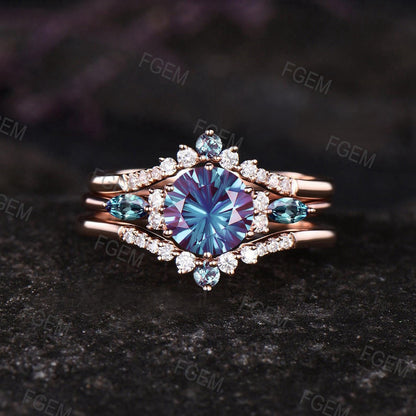 Round Fireworks Cut Color Change Alexandrite Wedding Ring Set Dainty 14k White Gold Engagement Ring Moissanite Cluster Halo 3pcs Bridal Set
