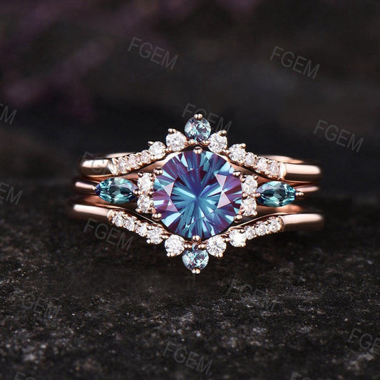 Round Fireworks Cut Color Change Alexandrite Wedding Ring Set Dainty 14k White Gold Engagement Ring Moissanite Cluster Halo 3pcs Bridal Set